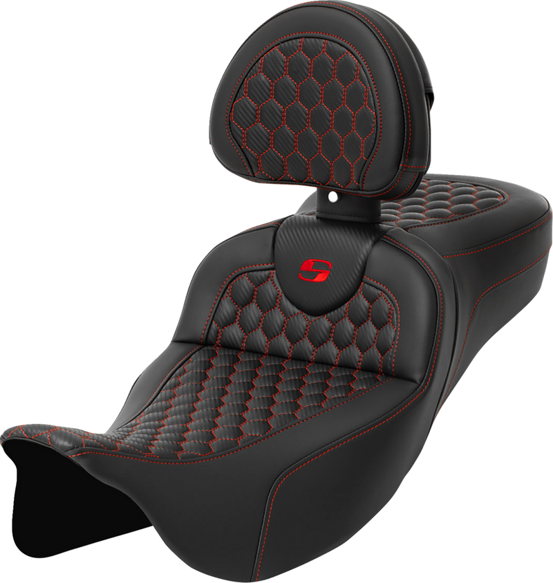 SADDLEMEN RoadSofa™ Seat - Honeycomb - Red Stitch - with Backrest - Extended Reach - Touring '08-'24