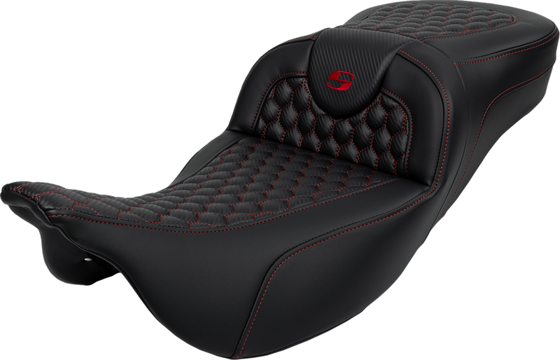 SADDLEMEN RoadSofa™ Seat - Honeycomb - Red Stitch - Extended Reach - without Backrest - Touring '08-'24