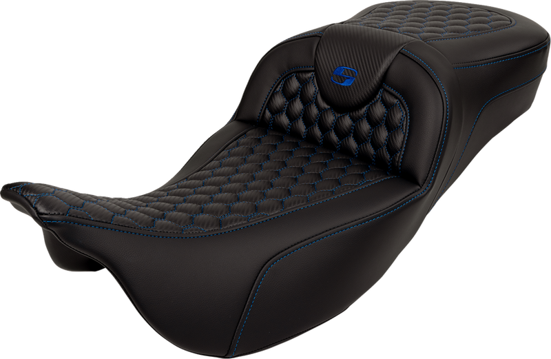SADDLEMEN RoadSofa™ Seat - Honeycomb - Blue Stitch - Extended Reach - without Backrest - Touring '08-'24