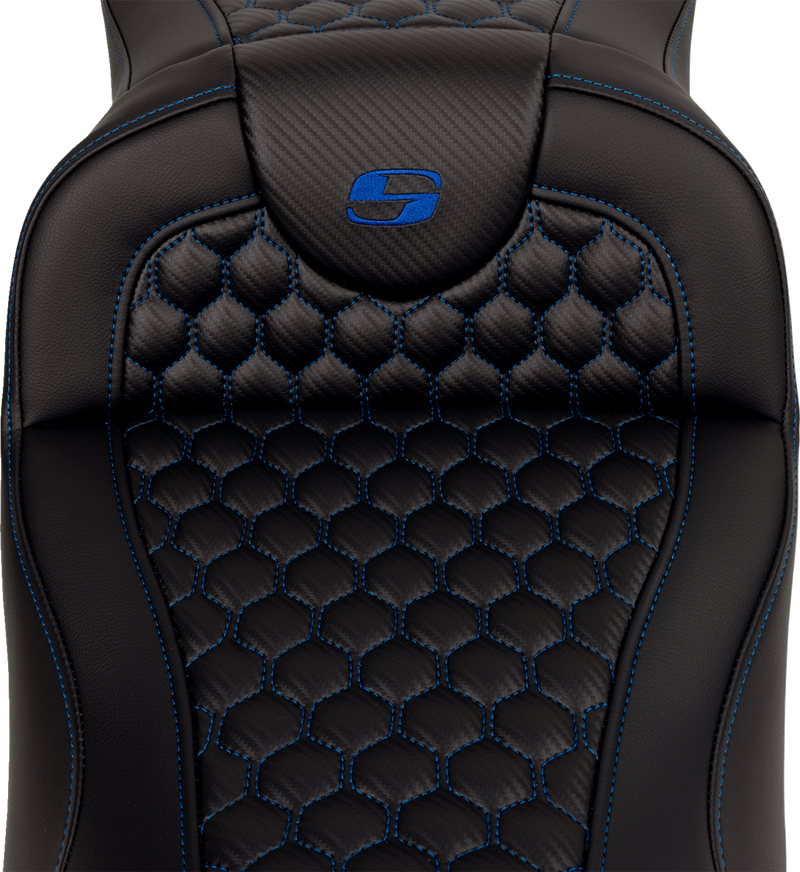 SADDLEMEN RoadSofa™ Seat - Honeycomb - Blue Stitch - Extended Reach - without Backrest - Touring '08-'24