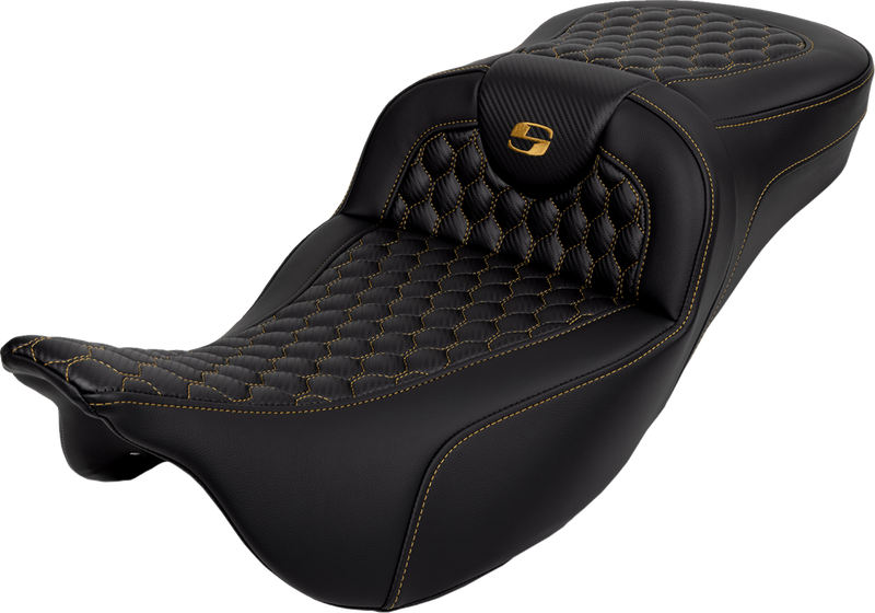 SADDLEMEN RoadSofa™ Seat - Honeycomb - Gold Stitch - Extended Reach - without Backrest - Touring '08-'24