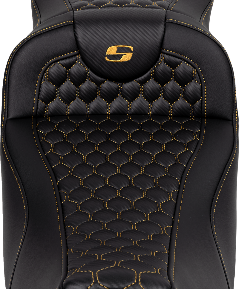 SADDLEMEN RoadSofa™ Seat - Honeycomb - Gold Stitch - Extended Reach - without Backrest - Touring '08-'24