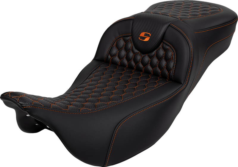 SADDLEMEN RoadSofa™ Seat - Honeycomb - Orange Stitch - Extended Reach - without Backrest - Touring '08-'24