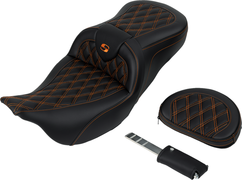 SADDLEMEN Roadsofa™ Seat - with Backrest - Orange Stitch - Touring '08-'24