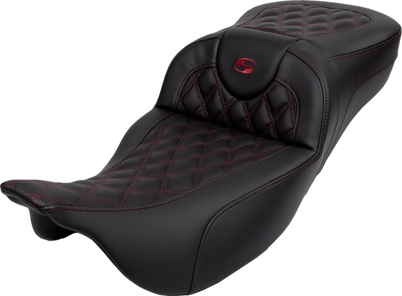 SADDLEMEN Roadsofa™ Extended Reach Seat - Lattice Stitch - Wine Berry Stitch - with Backrest - Touring '08-'24