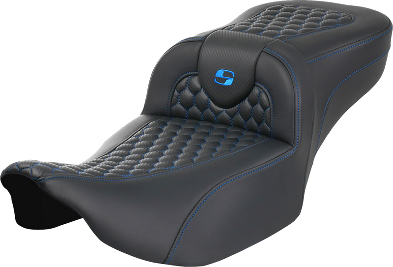 SADDLEMEN Roadsofa™ Extended Reach Seat - without Backrest - Honeycomb - Blue Stitch - Touring '23.5-'25