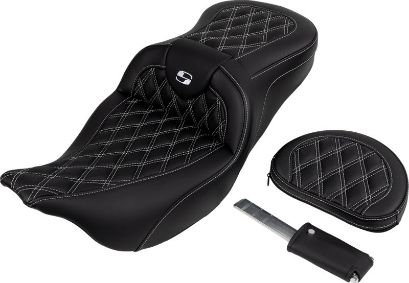 SADDLEMEN Roadsofa™ Seat - with Backrest - White Stitch - Touring '08-'24
