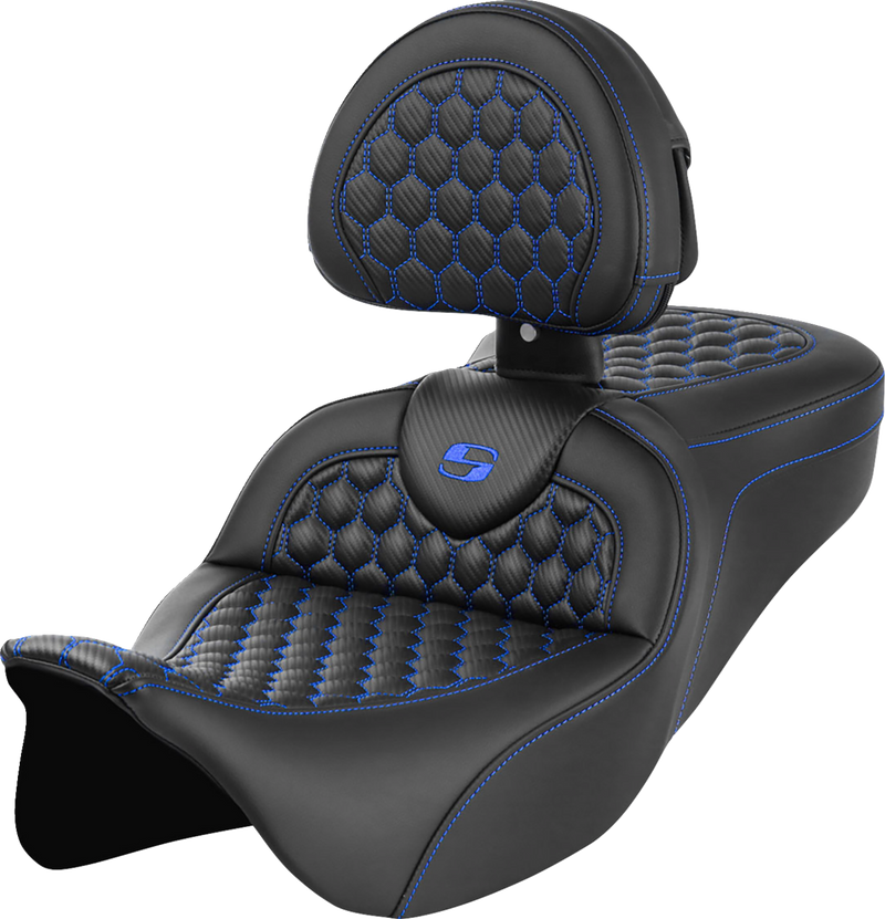 SADDLEMEN RoadSofa™ Seat - Honeycomb - Blue Stitch - with Backrest - Touring '08-'24