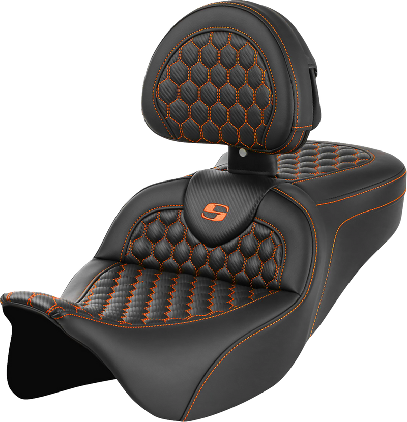 SADDLEMEN RoadSofa™ Seat - Honeycomb - Orange Stitch - with Backrest - Touring '08-'24