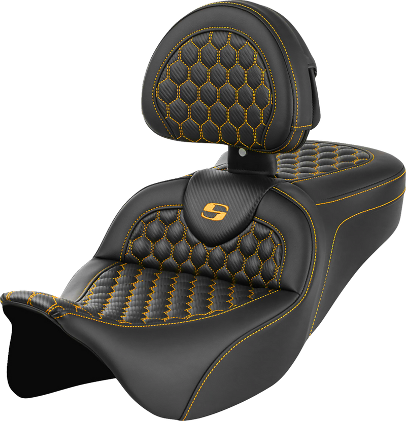 SADDLEMEN RoadSofa™ Seat - Honeycomb - Gold Stitch - with Backrest - Touring '08-'24