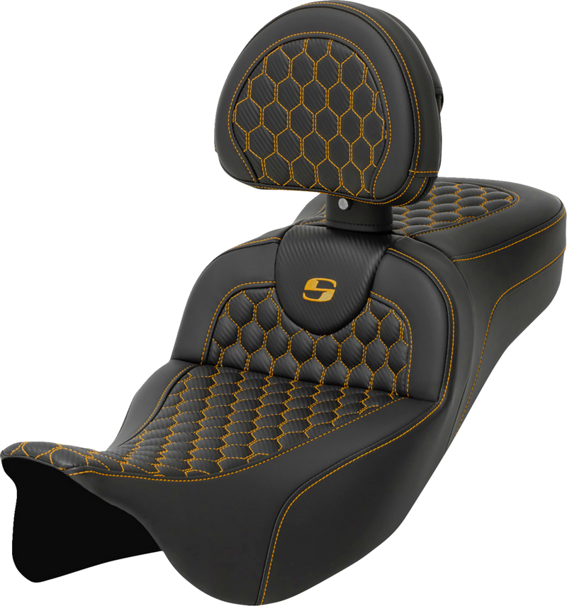 SADDLEMEN RoadSofa™ Seat - Honeycomb - Gold Stitch - with Backrest - Extended Reach - Touring '08-'24