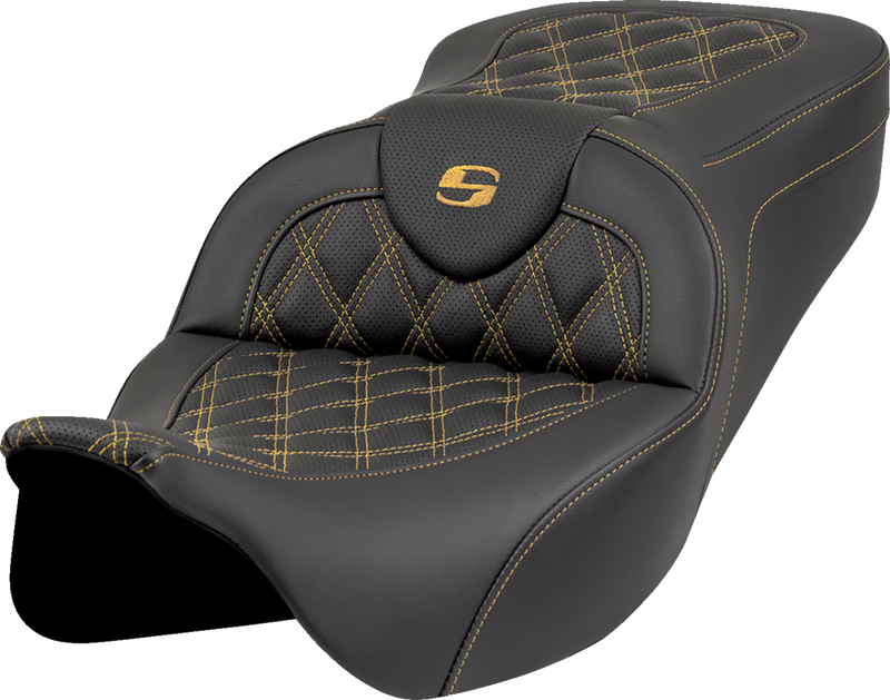 SADDLEMEN Roadsofa* Seat - Lattice Stitch - Gold Stitch - w/o Backrest - FL '08-'23 808-07B-18207