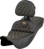 SADDLEMEN Roadsofa* Extended Reach Seat - Lattice Stitch - Gold Stitch - with Backrest - FL '08-'23 808-07B-184B7