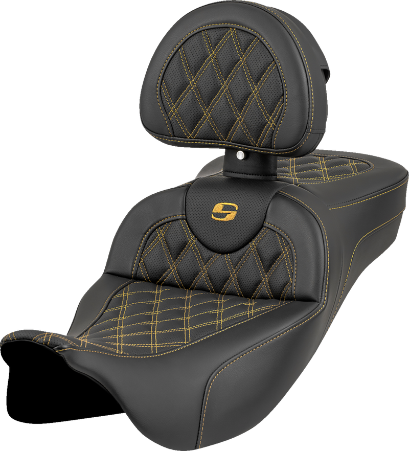 SADDLEMEN Roadsofa* Extended Reach Seat - Lattice Stitch - Gold Stitch - with Backrest - FL '08-'23 808-07B-184B7