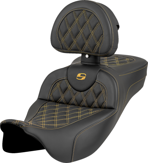 SADDLEMEN Roadsofa* Extended Reach Seat - Lattice Stitch - Gold Stitch - with Backrest - FL '08-'23 808-07B-184B7