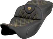 SADDLEMEN Roadsofa* Extended Reach Seat - Lattice Stitch - Gold Stitch - without Backrest - FL '08-'23 808-07B-18407