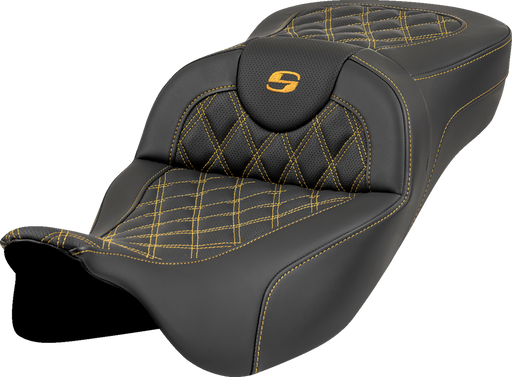 SADDLEMEN Roadsofa* Extended Reach Seat - Lattice Stitch - Gold Stitch - without Backrest - FL '08-'23 808-07B-18407