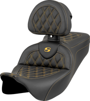 SADDLEMEN Roadsofa* Seat - Lattice Stitch - Gold Stitch - w/ Backrest - FL '08-'23 808-07B-182B7