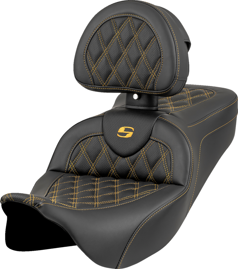 SADDLEMEN Roadsofa* Seat - Lattice Stitch - Gold Stitch - w/ Backrest - FL '08-'23 808-07B-182B7