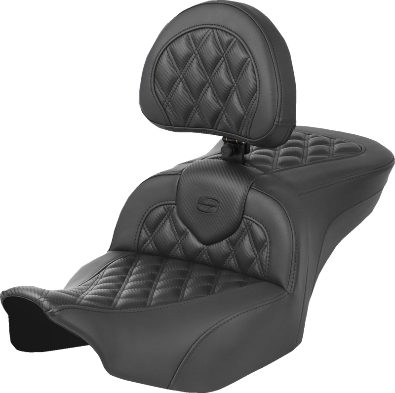 SADDLEMEN Heated Roadsofa* Seat - Carbon Fiber - Lattice Stitch - w/ Backrest - FLT/FLH '23-'24 823-07-206C0