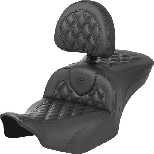 SADDLEMEN Heated Roadsofa* Seat - Carbon Fiber - Lattice Stitch - w/ Backrest - FLT/FLH '23-'24 823-07-206C0