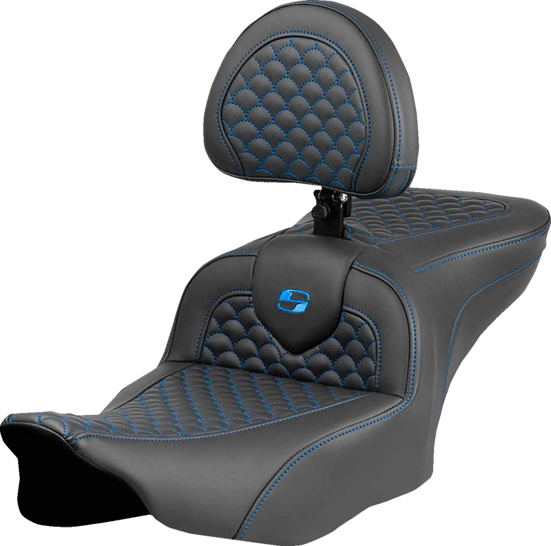SADDLEMEN Roadsofa* Seat - Dragon Scale Stitch - Blue Stitch - w/ Backrest - FLTR/FLHX '23-'24 823-07-208B1
