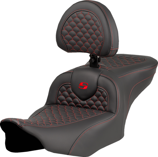 SADDLEMEN Roadsofa* Seat - Dragon Scale Stitch - Red Stitch - w/ Backrest - FLTR/FLHX '23-'24 823-07-208B4