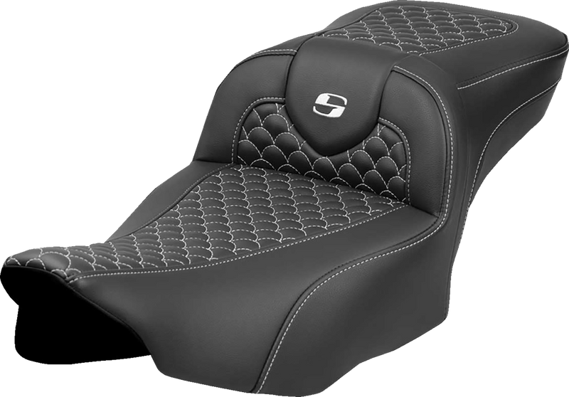 SADDLEMEN Roadsofa* Extended Reach Seat - Dragon Scale Stitch - White Stitch - w/o Backrest - FLT/FLH '23-'24 823-07-20906