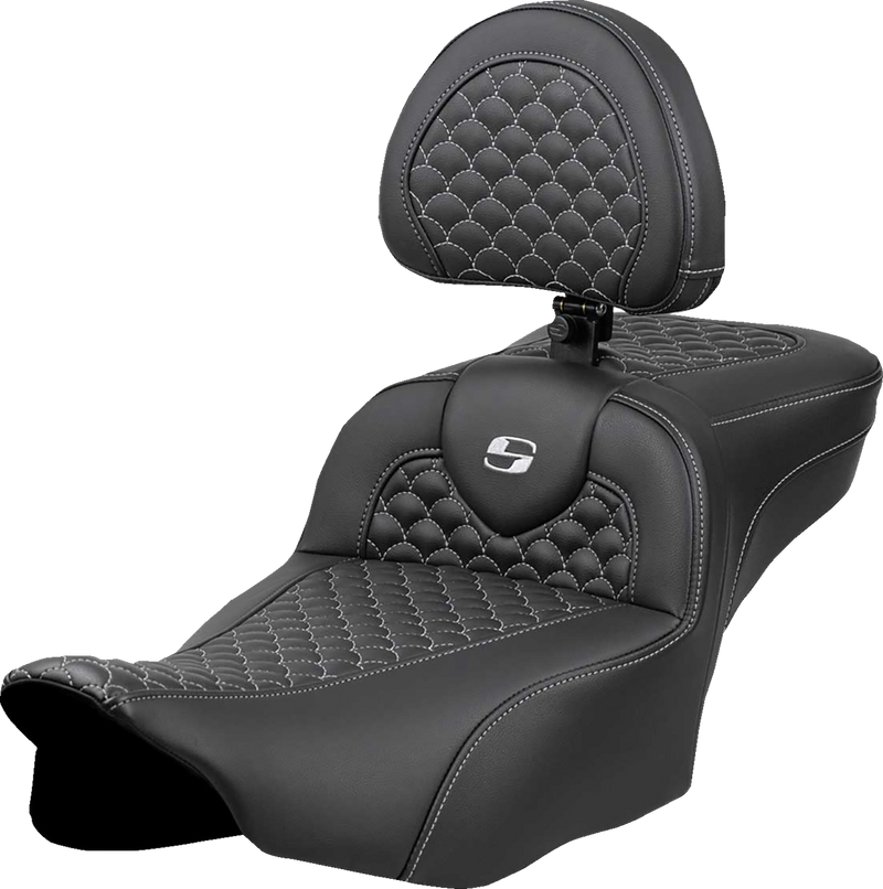 SADDLEMEN Roadsofa* Extended Reach Seat - Dragon Scale Stitch - Silver Stitch - w/ Backrest - FLT/FLH '23-'24 823-07-209B5