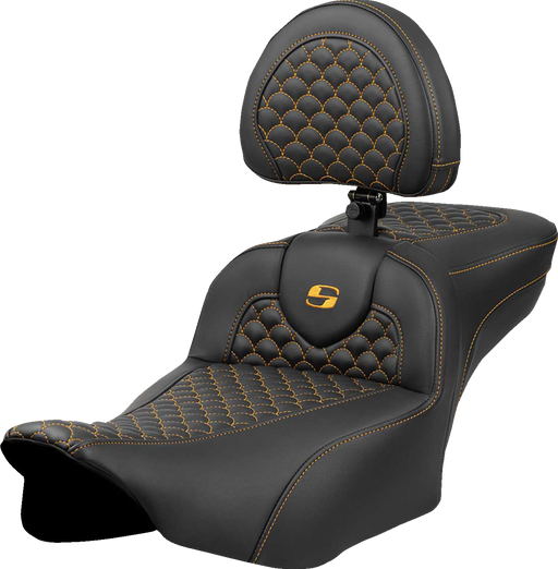 SADDLEMEN Roadsofa* Extended Reach Seat - Dragon Scale Stitch - Gold Stitch - w/ Backrest - FLTR/FLHX '23-'24 823-07-209B7