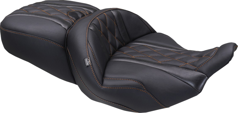 MUSTANG Deluxe One-Piece, 2-Up Seat - Diamond - Mandarin Orange Stitch - FLT/FLH '23-'25 89411MO