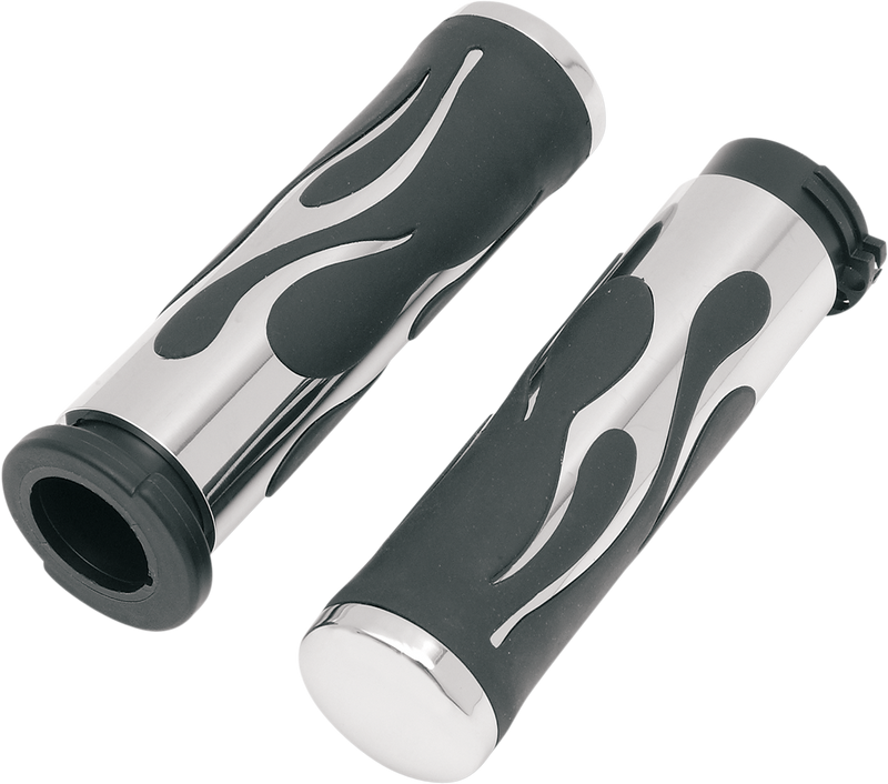 DRAG SPECIALTIES Flame Style Rubber Grips w/ Throttle Sleeve - Chrome/Rubber