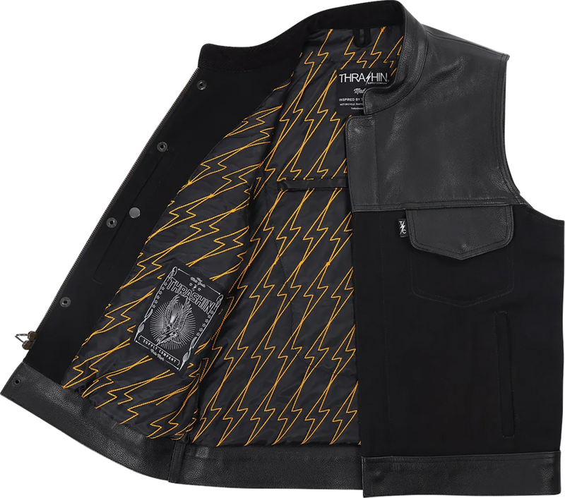 THRASHIN SUPPLY CO. Kanan Leather/Denim Riding Vest - Black - Small TMJ-13-08