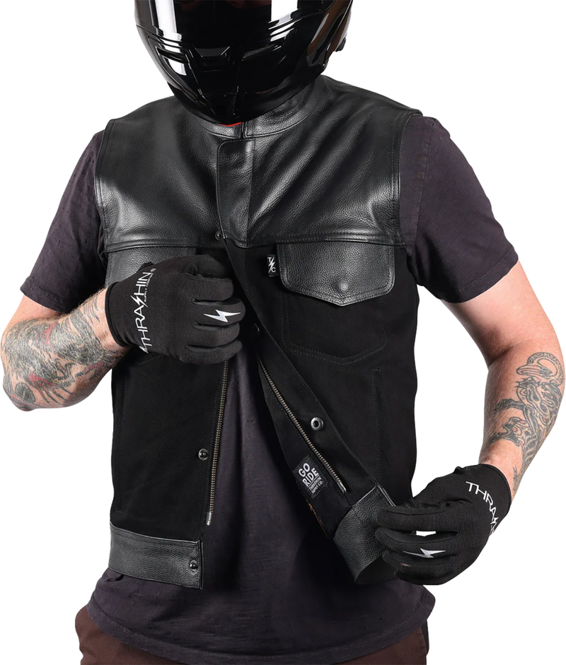 THRASHIN SUPPLY CO. Kanan Leather/Denim Riding Vest - Black - Small TMJ-13-08