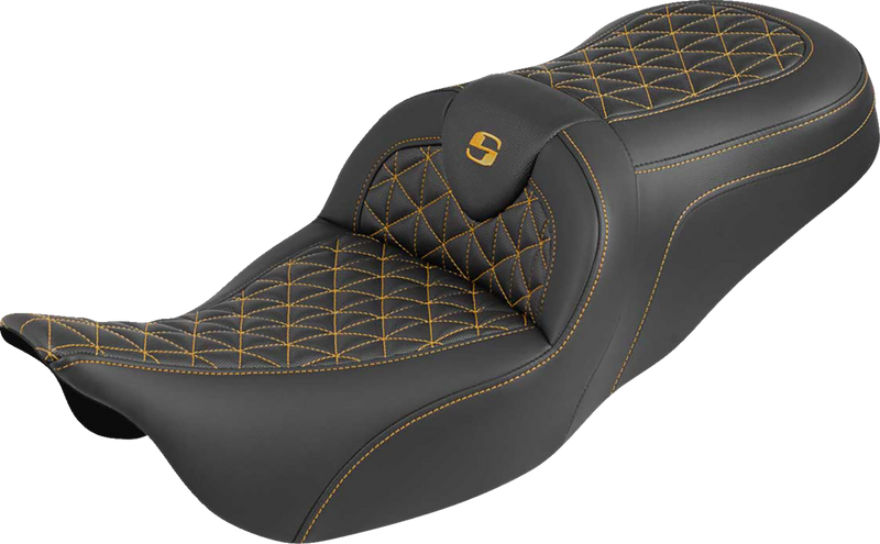 SADDLEMEN RoadSofa™ Tri Gripper Seat - Standard Reach - Gold Stitch - w/o Backrest - FLH/FLT '08-'25 808-07B-21007