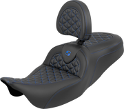SADDLEMEN RoadSofa™ Tri Gripper Seat - Standard Reach - Blue Stitch - w/ Backrest - FLH/FLT '08-'25 808-07B-210B1