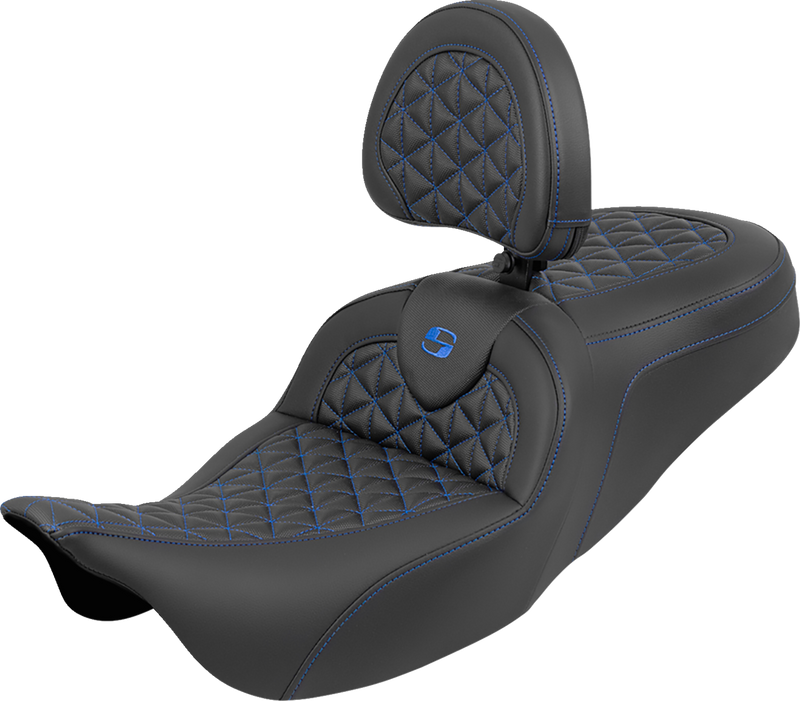 SADDLEMEN RoadSofa™ Tri Gripper Seat - Standard Reach - Blue Stitch - w/ Backrest - FLH/FLT '08-'25 808-07B-210B1