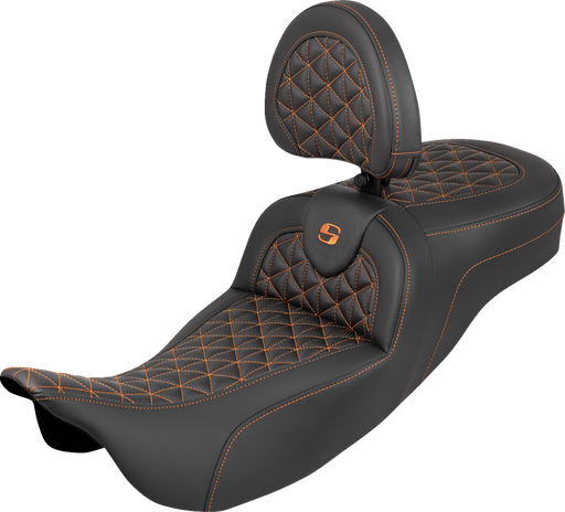SADDLEMEN RoadSofa™ Tri Gripper Seat - Extended Reach - Orange Stitch - w/ Backrest - FLH/FLT '08-'25 808-07B-211B3