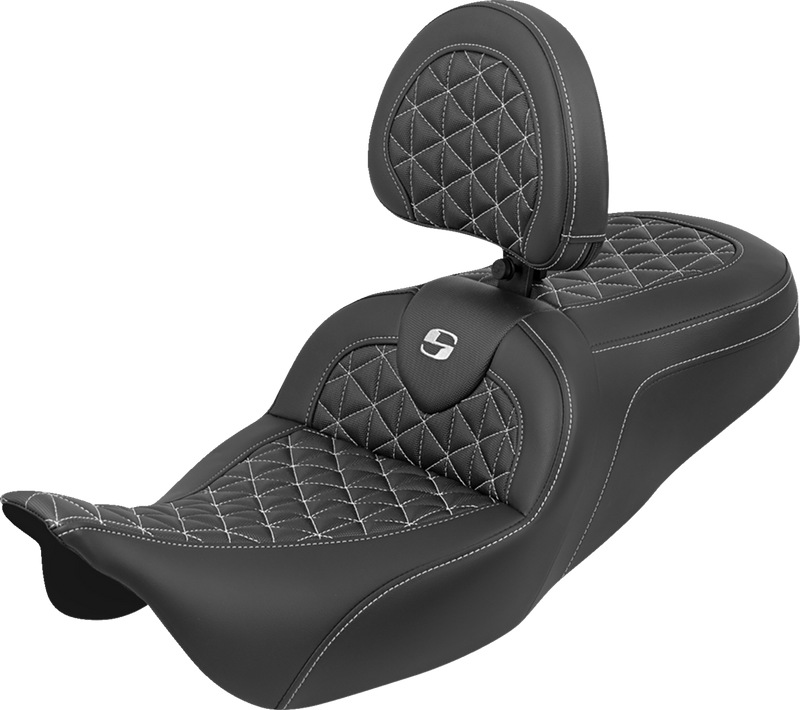 SADDLEMEN RoadSofa™ Tri Gripper Seat - Standard Reach - White Stitch - w/ Backrest - FLH/FLT '08-'25 808-07B-210B6