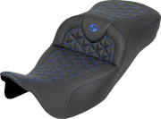 SADDLEMEN RoadSofa™ Tri Gripper Seat - Extended Reach - Blue Stitch - w/o Backrest - FLH/FLT '08-'25 808-07B-21101