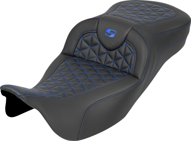 SADDLEMEN RoadSofa™ Tri Gripper Seat - Extended Reach - Blue Stitch - w/o Backrest - FLH/FLT '08-'25 808-07B-21101