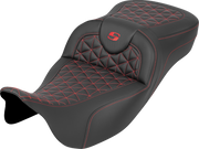 SADDLEMEN RoadSofa™ Tri Gripper Seat - Extended Reach - Red Stitch - w/o Backrest - FLH/FLT '08-'25 808-07B-21104