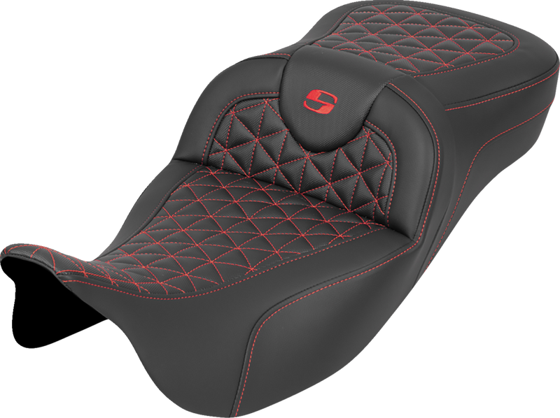 SADDLEMEN RoadSofa™ Tri Gripper Seat - Extended Reach - Red Stitch - w/o Backrest - FLH/FLT '08-'25 808-07B-21104