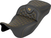 SADDLEMEN RoadSofa™ Tri Gripper Seat - Extended Reach - Gold Stitch - w/o Backrest - FLH/FLT '08-'25 808-07B-21107