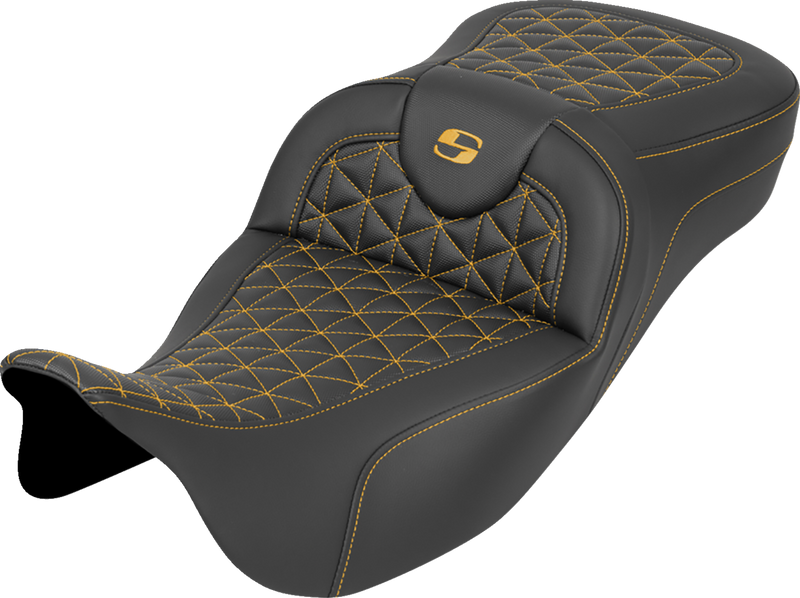 SADDLEMEN RoadSofa™ Tri Gripper Seat - Extended Reach - Gold Stitch - w/o Backrest - FLH/FLT '08-'25 808-07B-21107