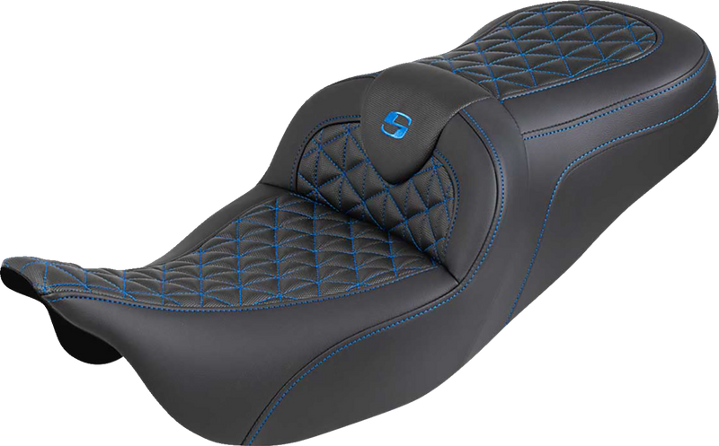 SADDLEMEN RoadSofa™ Tri Gripper Seat - Standard Reach - Blue Stitch - w/o Backrest - FLH/FLT '08-'25 808-07B-21001