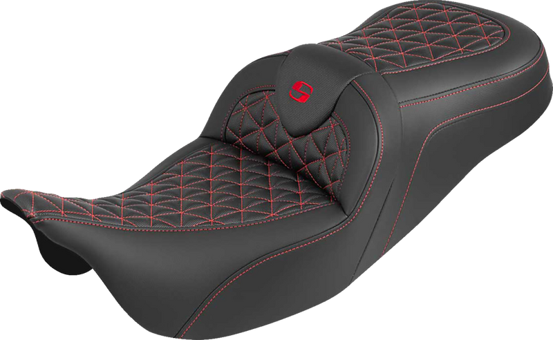 SADDLEMEN RoadSofa™ Tri Gripper Seat - Standard Reach - Red Stitch - w/o Backrest - FLH/FLT '08-'25 808-07B-21004