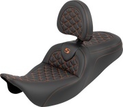 SADDLEMEN RoadSofa™ Tri Gripper Seat - Standard Reach - Orange Stitch - w/ Backrest - FLH/FLT '08-'25 808-07B-210B3