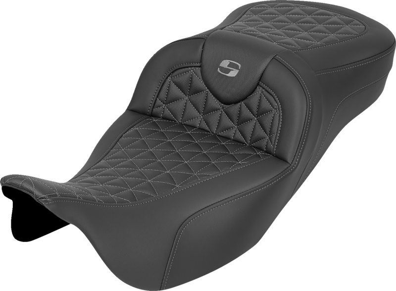 SADDLEMEN RoadSofa™ Tri Gripper Seat - Extended Reach - Gray Stitch - w/o Backrest - FLH/FLT '08-'25 808-07B-21102