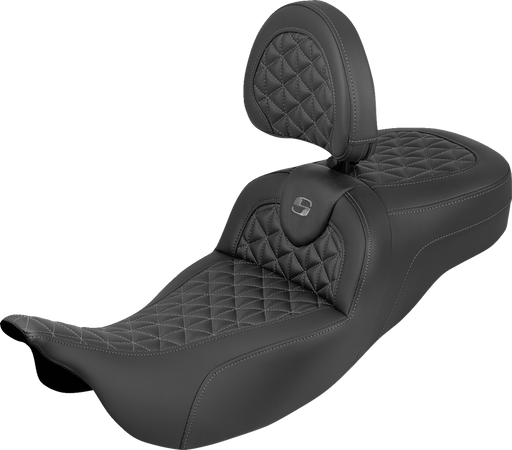 SADDLEMEN RoadSofa™ Tri Gripper Seat - Extended Reach - Gray Stitch - w/ Backrest - FLH/FLT '08-'25 808-07B-211B2